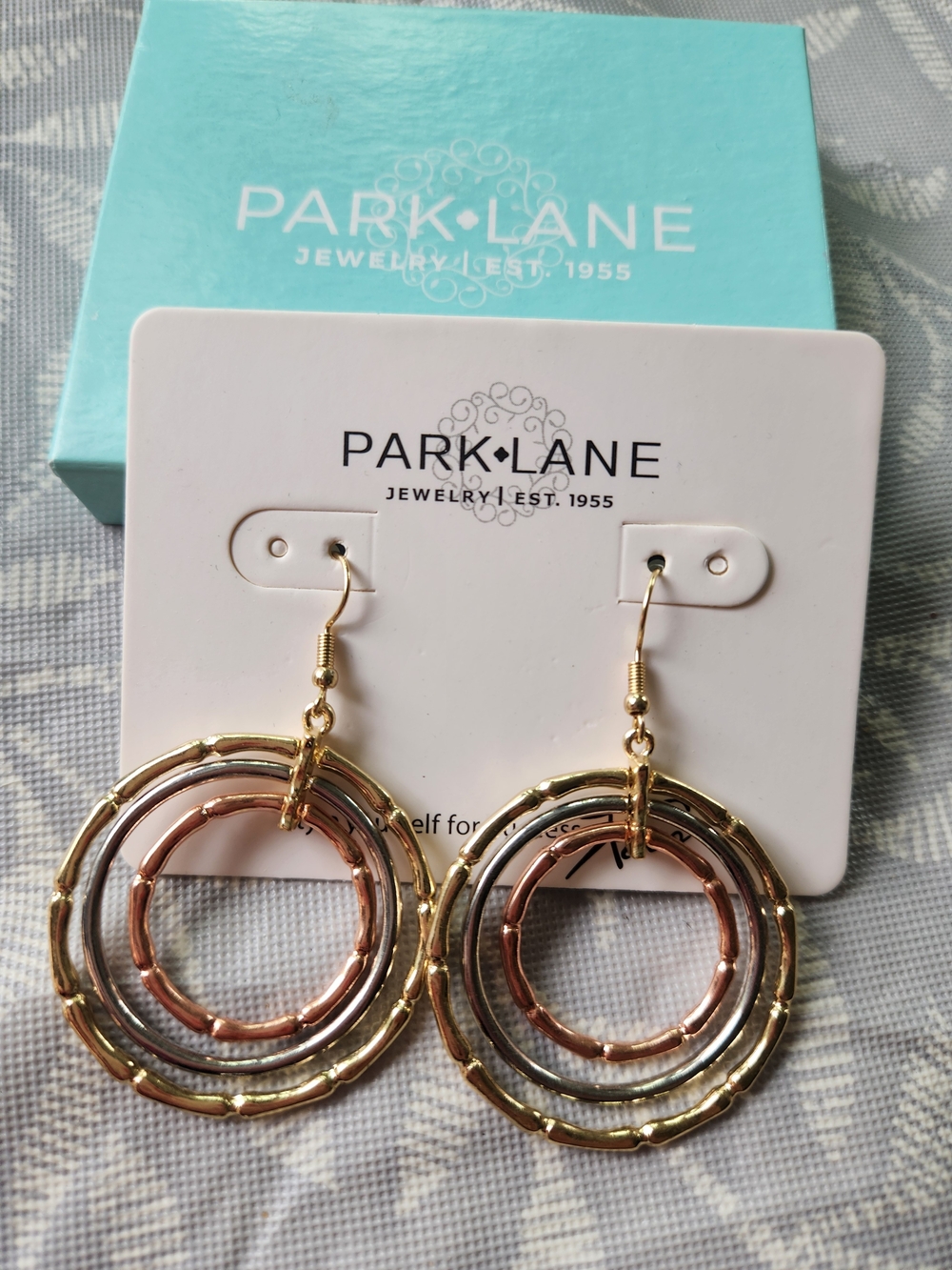 Park Lane Tri-Color Hoop Dangle Earrings — Gold, Rose & Silver